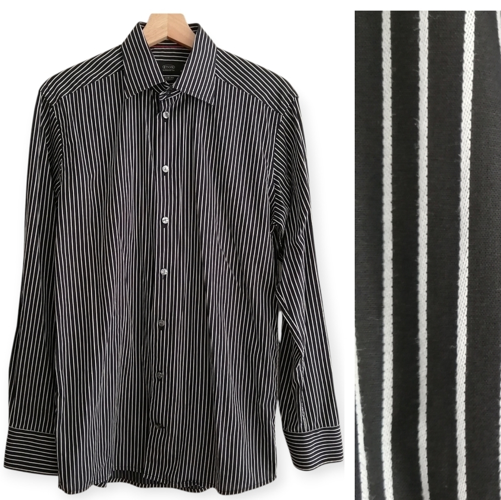 Eton Men's Slim Fit Dress Shirt Black With White Stripes 15.5 Neck 34/35